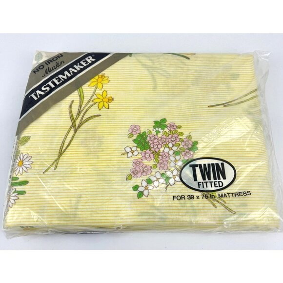 Tastemaker No Iron Muslin Twin Fitted Sheet Yellow Floral Stripe NOS - Picture 5 of 6